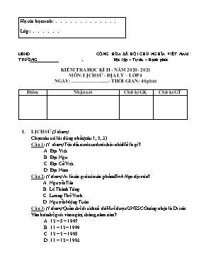 Bài kiểm tra Học kỳ II môn Lịch sử và Địa lí Lớp 4 - Năm học 2020-2021 (Có đáp án)